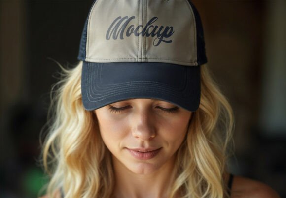 Download Realistic Trucker Hat Mockup on Blonde W - Premium Resources
